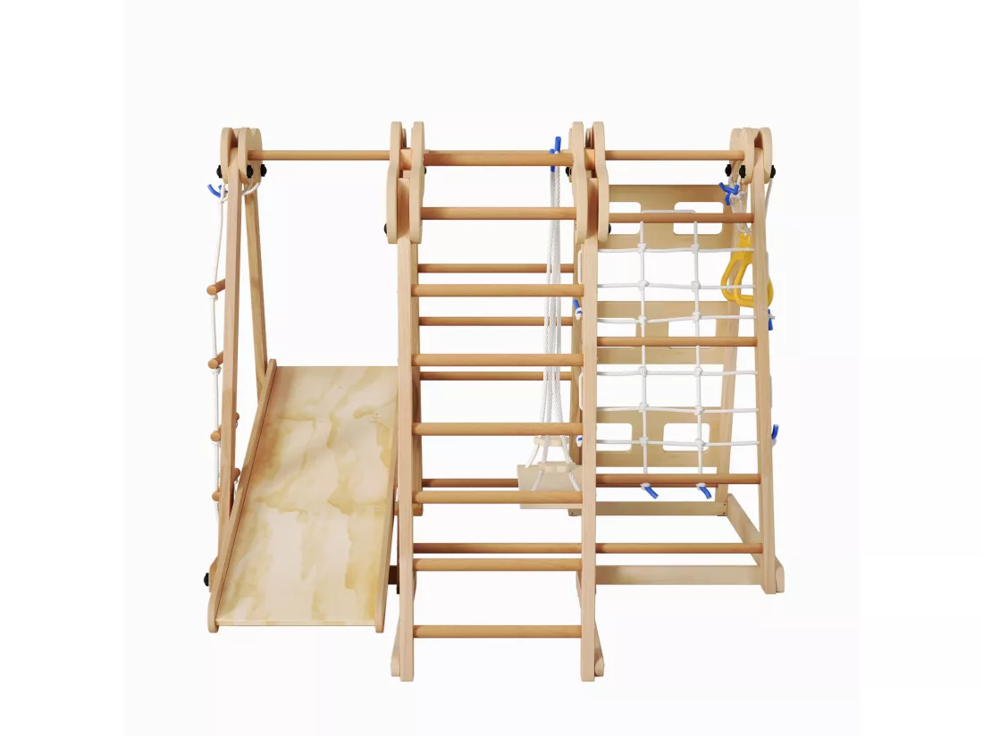 Balançoire Enfants pliable 7 en 1 - 128 x 164 x 116cm - en matériel bois - avec toboggan et escalade - Naturel