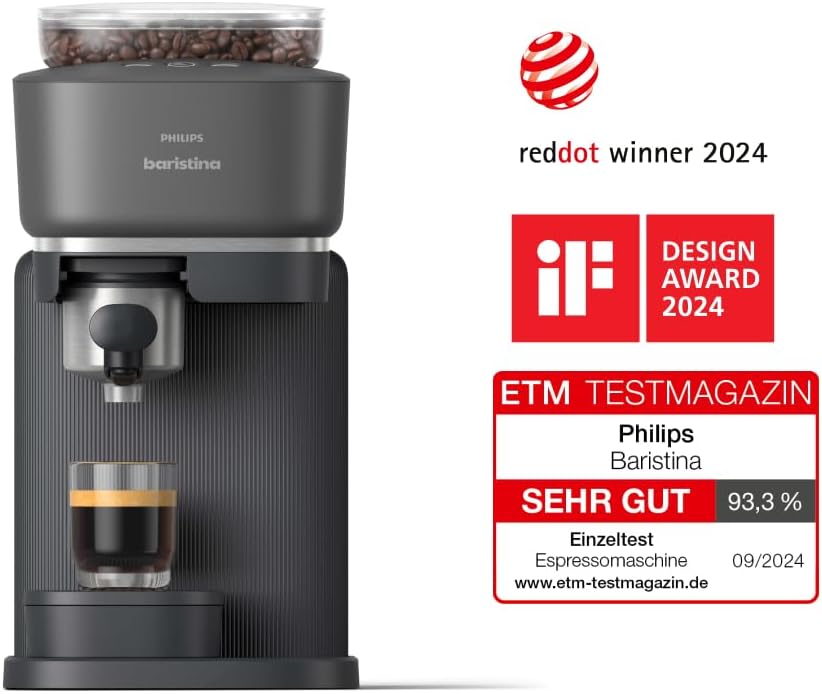 Philips Baristina Espressomaschine - Real Espresso, made simple, Kompakte Kaffeemaschine, Schwarzgrau mit schwarzgrauem Siebträger, 16-bar-Pumpendruck, automatisches Mahlwerk, Cafe Crema (BAR300/60)