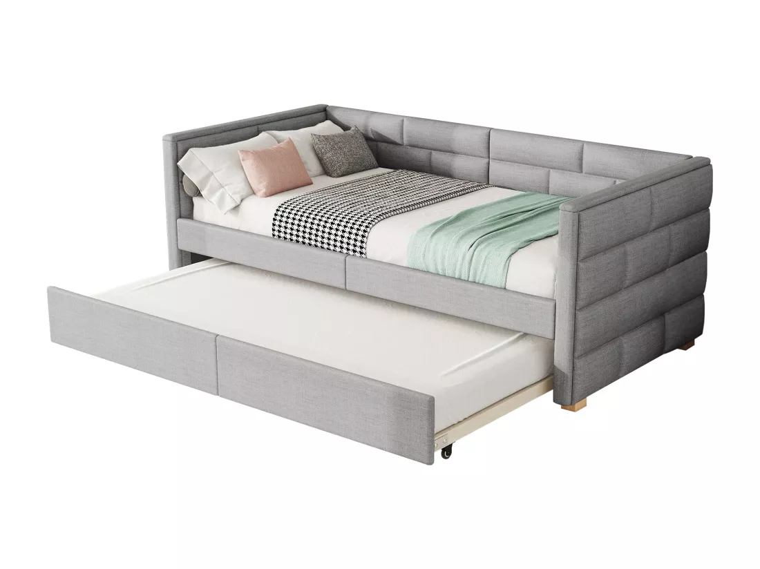Lit banqueet avec lit gigogne 90x190/200cm - en tissu lin - Gris