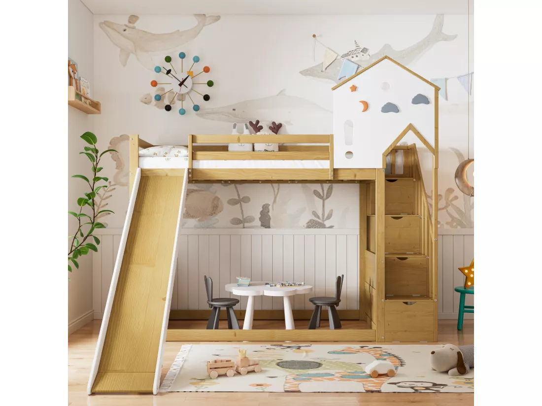 Lit superposé cabane 90x200cm - Avec toboggan et escalier de rangements - Pin - Blanc et naturel