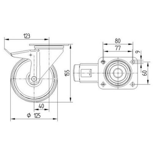 TENTE 3477 UFR 125 P62 blauw zwenkwiel met rem 125 mm