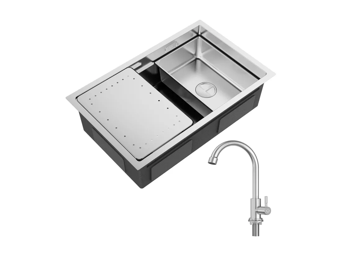 Évier Cuisine 1 Bac 70×44×21CM Évier Inox Brossé avec Egouttoir et Vasque + Robinet de Cuisine à eau Froide,Brossé