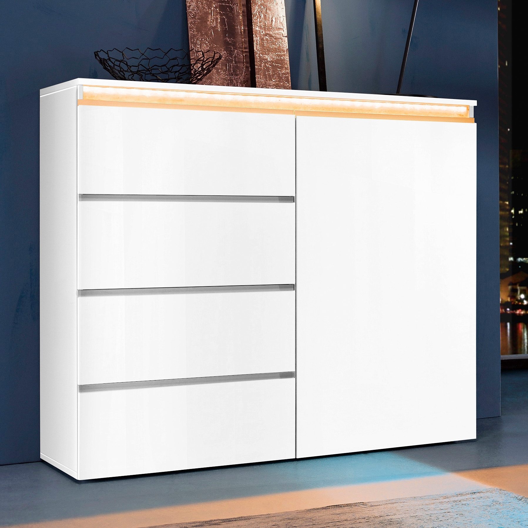 INOSIGN Highboard »Magic, Highboard, Hochschrank, Hochkommode« mit 1 Tür und 4 Schubkästen, Hochglanz lackiert, Breite 120