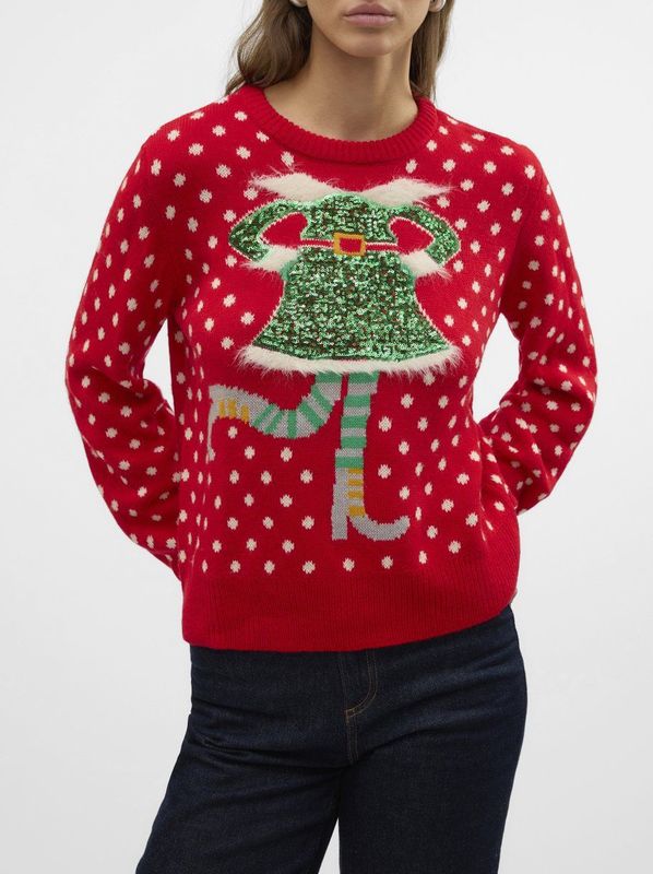 Gebreide Pullover - Rood - O-hals - Lange Mouwen - Ballonmouwen