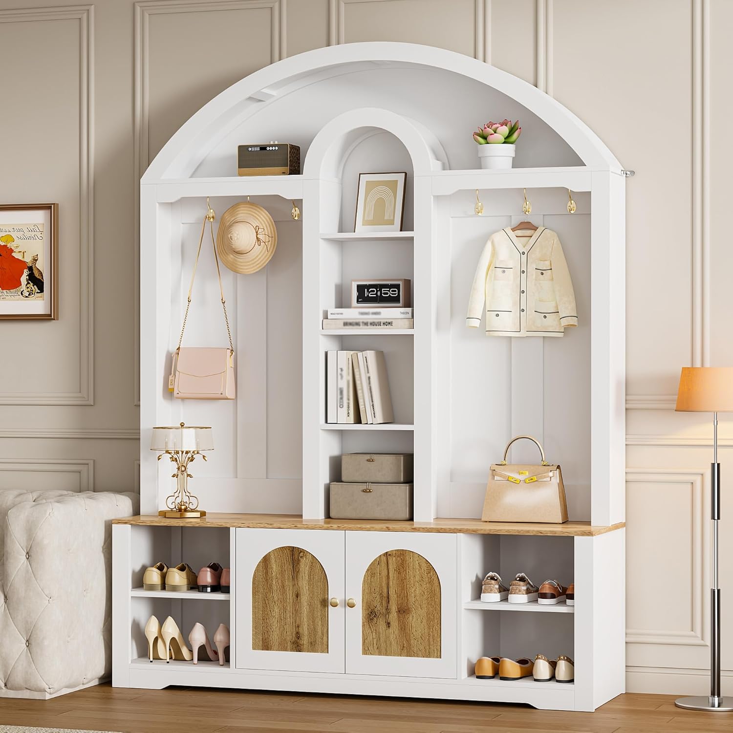 Eingangsbereichsschrank mit Schuhregal, Ablagen und Haken .Garderobenschrank– eine Garderobe aus robustem MDF mit modernem Design und praktischem Stauraum. (Weiß, 150 L x40 B x 195 H(cm))