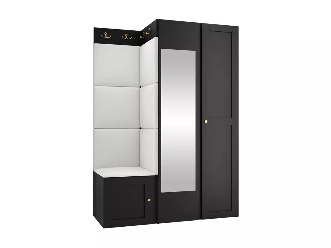 Meuble d'entrée Hartford 380, 186x116x46cm, Miroir, Blanc|Noir, MDF|Stratifié|Faux cuir
