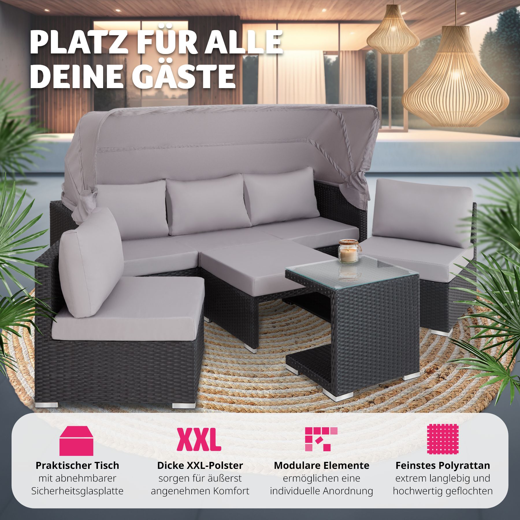 tectake® Rattan Lounge, mit Aluminiumgestell, wetterfest und UV-beständig, mit klapparem Sonnenschutz, mit Sicherheitsglasplatte, variabel aufstellbar