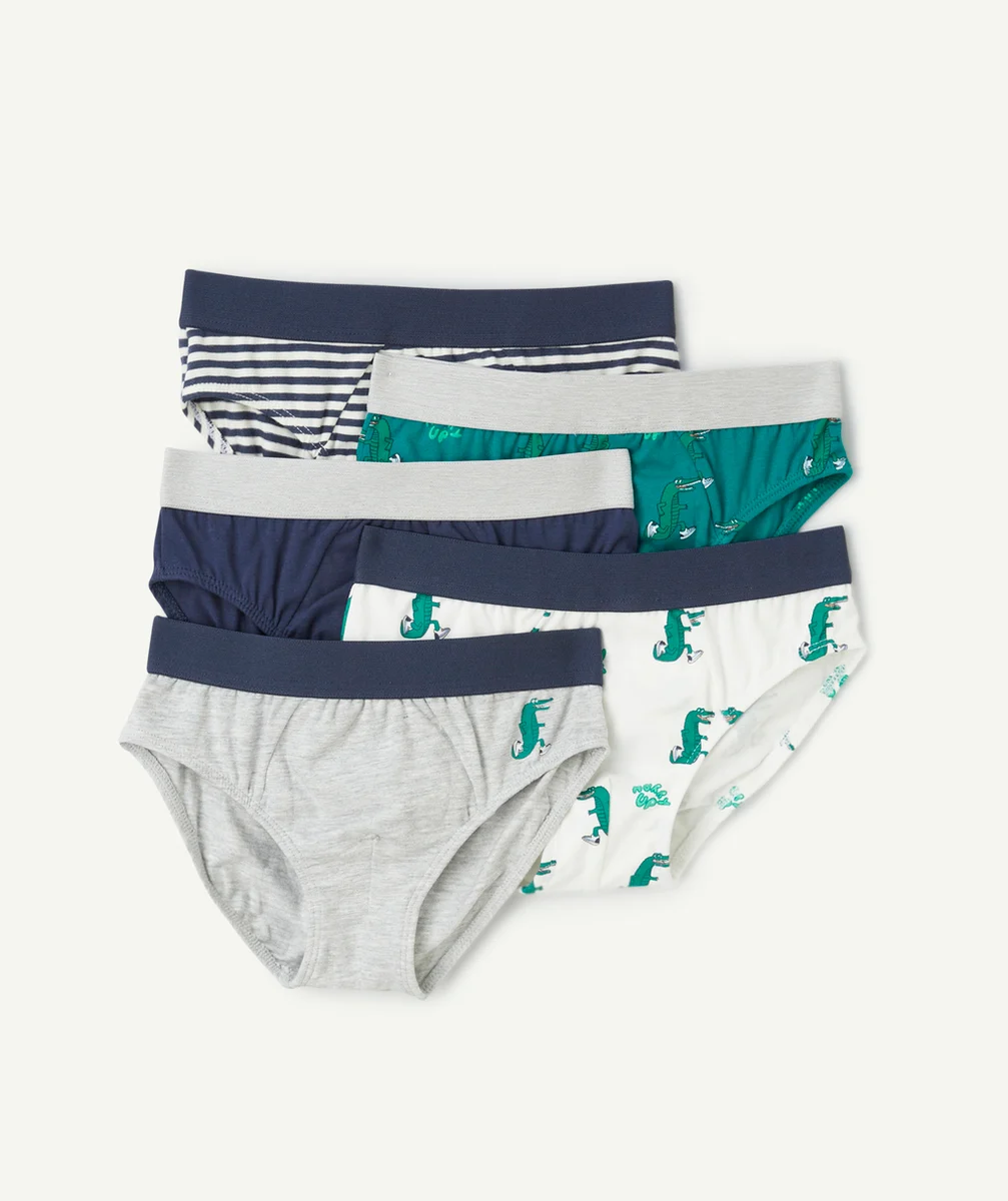lot de 5 boxers garçon en coton bio bleu gris et vert thème crocodiles