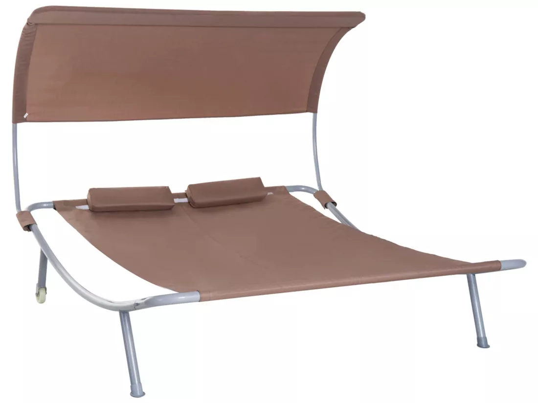 Bain de soleil 2 places lit de jardin design contemporain toit réglable 2 roulettes 2 oreillers acier époxy polyester marron