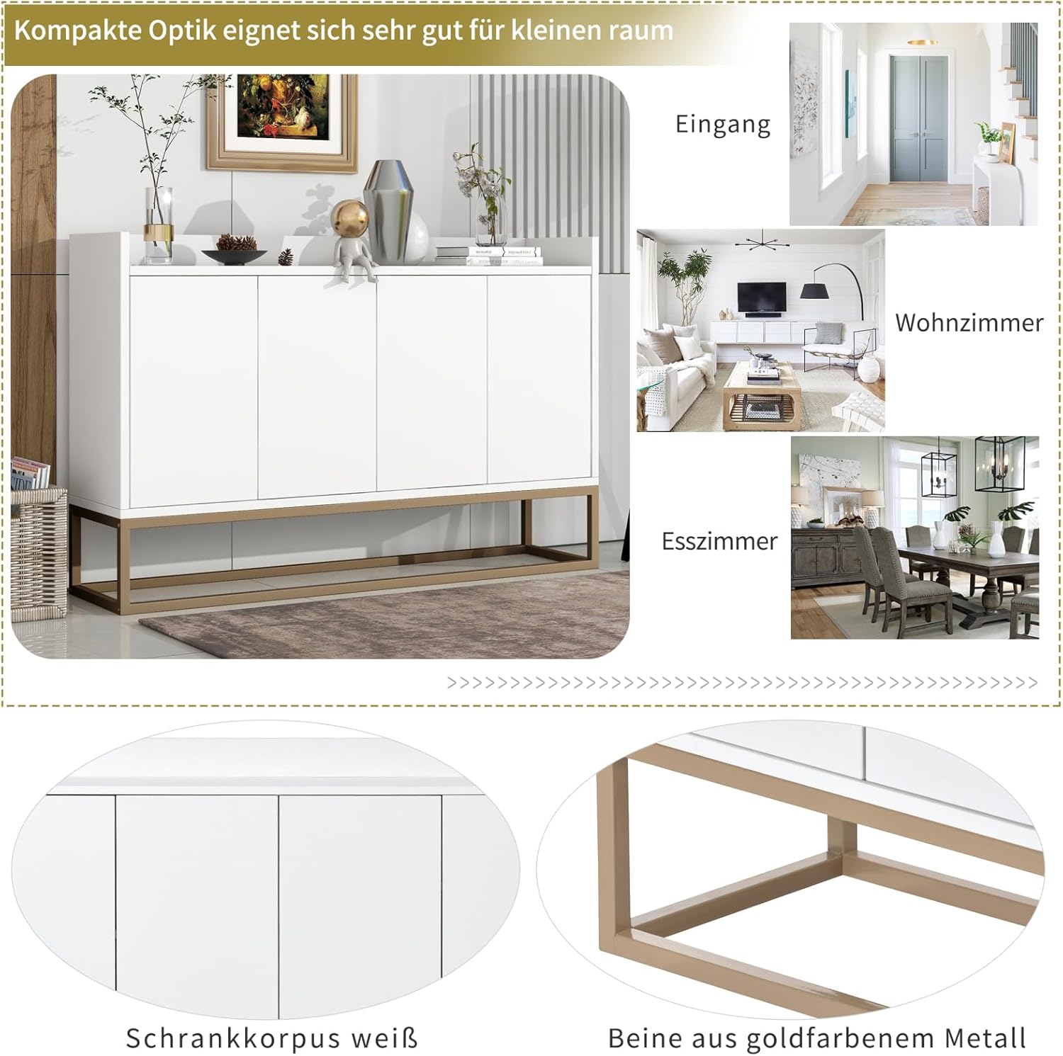 Sideboard Kommode 120cm breit,Modernes Buffetschrank mit 4 Türe,Kommode Schrank Buffetschrank mit Verstellbares Regal und Metallbeinen für Wohnzimmer und Esszimmer Küche,Weiß