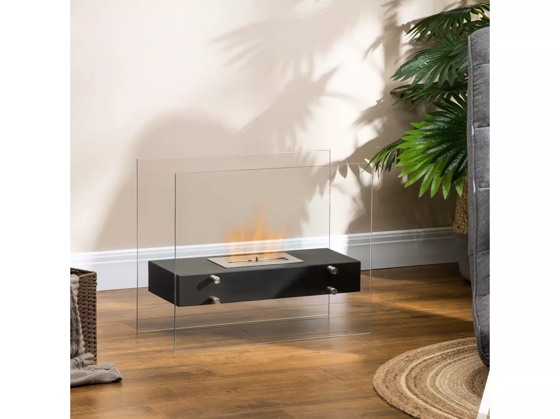 Cheminée à poser bioéthanol en métal et verre trempé avec réservoir 1,5 L couverture 25 m² - dim. 60L x 26l x 50H cm