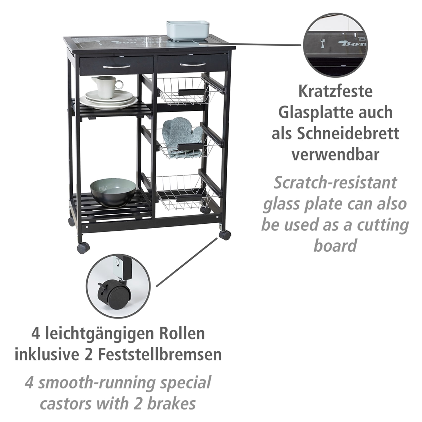 WENKO Servierwagen »Modell Bon Appetit« Küchenwagen mit 2 Ablagen, 3 Körben und 2 Schubladen