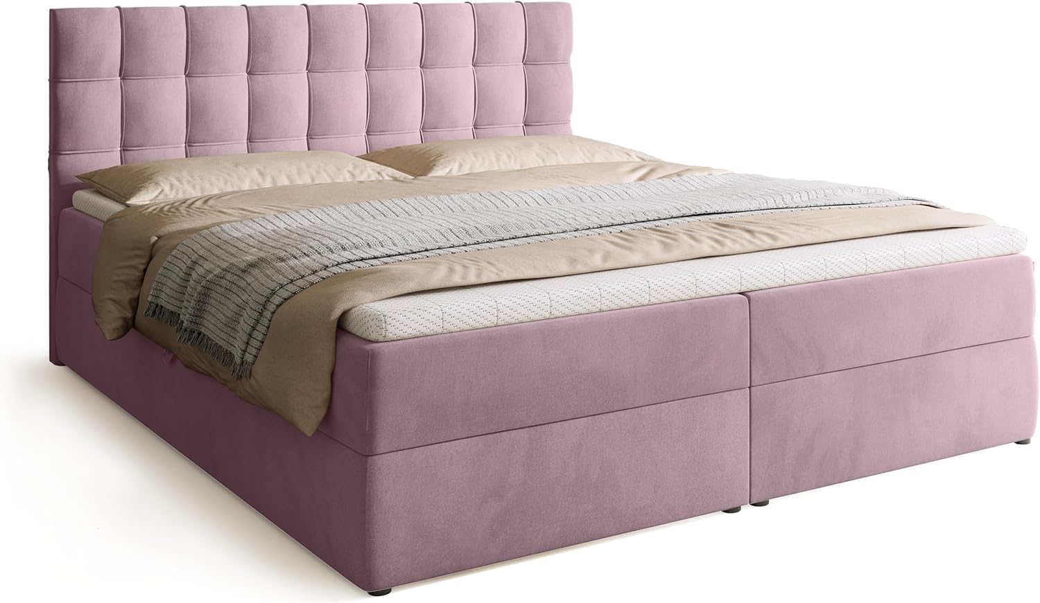BROMARKT Boxspringbett mit Bonell Matratze und Bettkasten Doppelbett mit Topper 180x200cm Härtegrad H3 Bett für Schlafzimmer gepolsterte Kopfstütze Detroit Puderrosa
