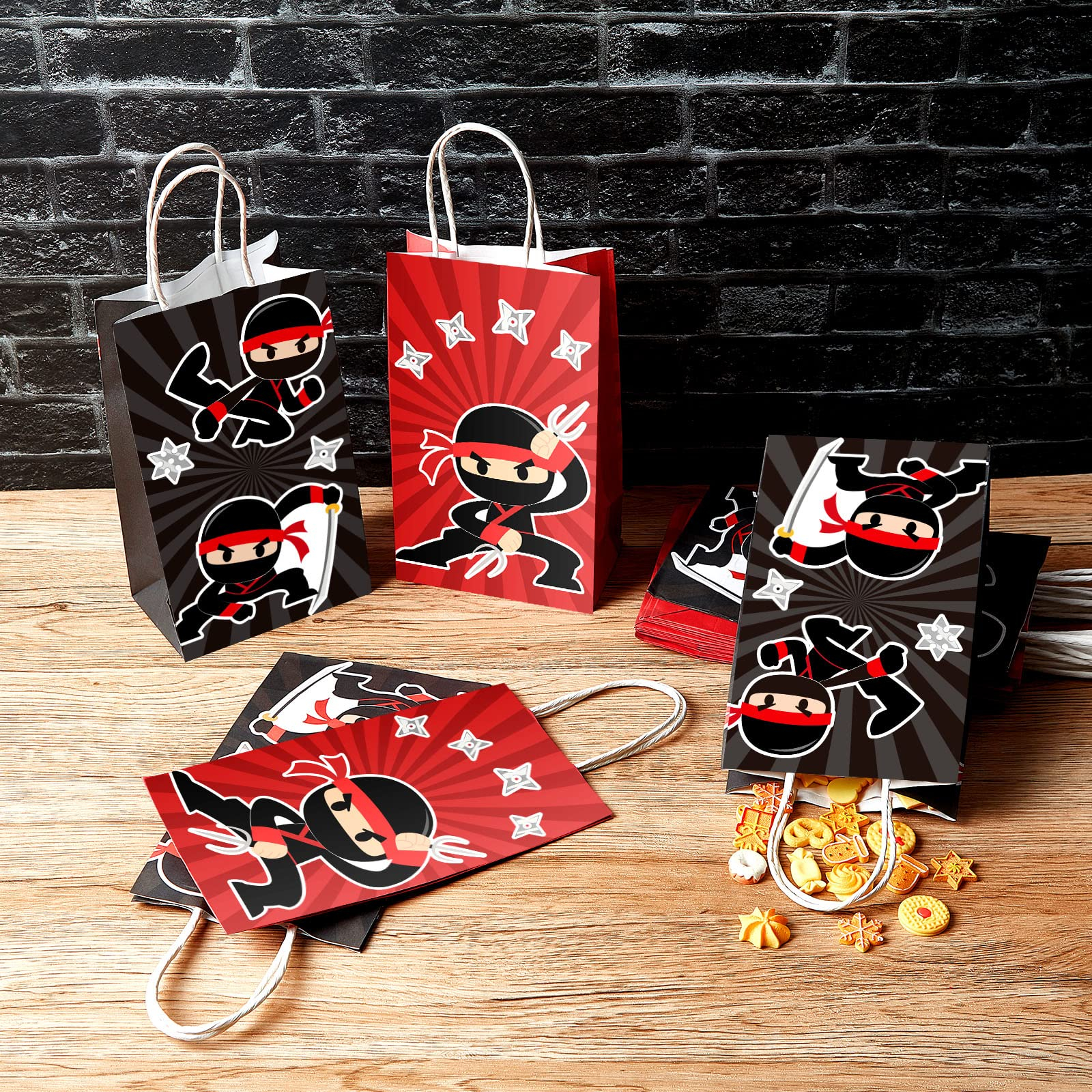 (24er Set) 22x12.5cm Kinder Papiertüten Candy Gift Bags Geburtstags Mitbringsel Geschenktasche - Ninja