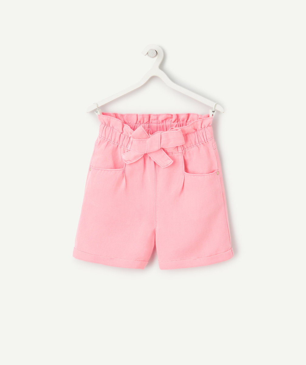 short droit fille en viscose responsable rose fluo avec noeud