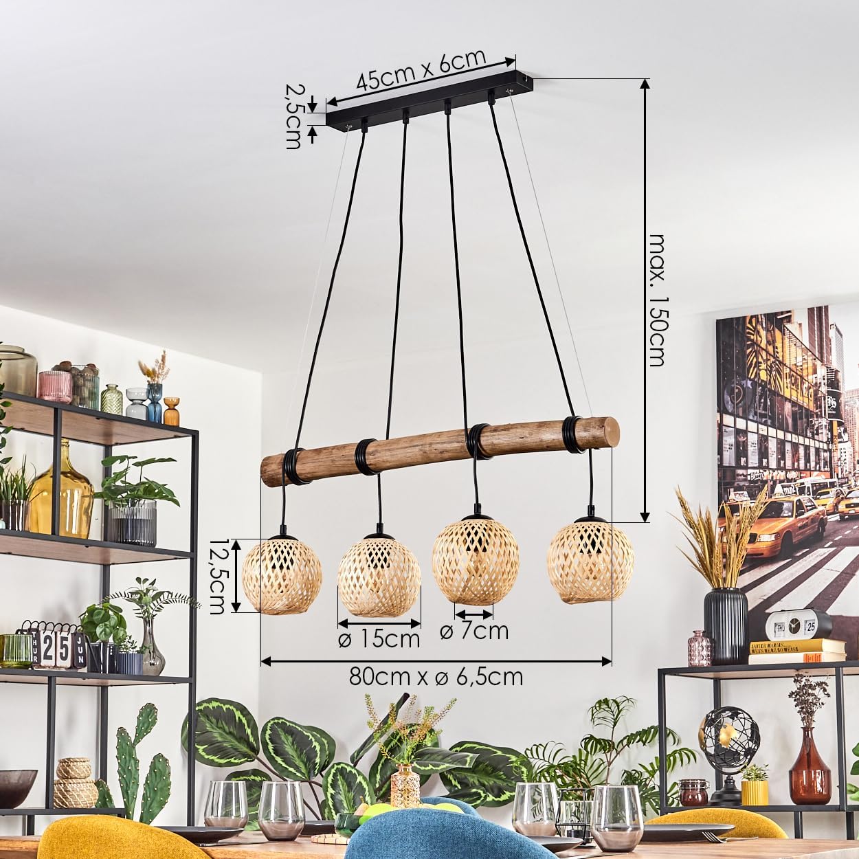 HOFSTEIN Pendelleuchte Basto, 4-flammige Hängelampe aus Metall/Holz/Bambus in Schwarz/Natur, Boho Hängeleuchte mit Bambusschirmen u. Holzbalken, Höhe max. 150cm, E27, Esszimmer, Wohnzimmer, Küche