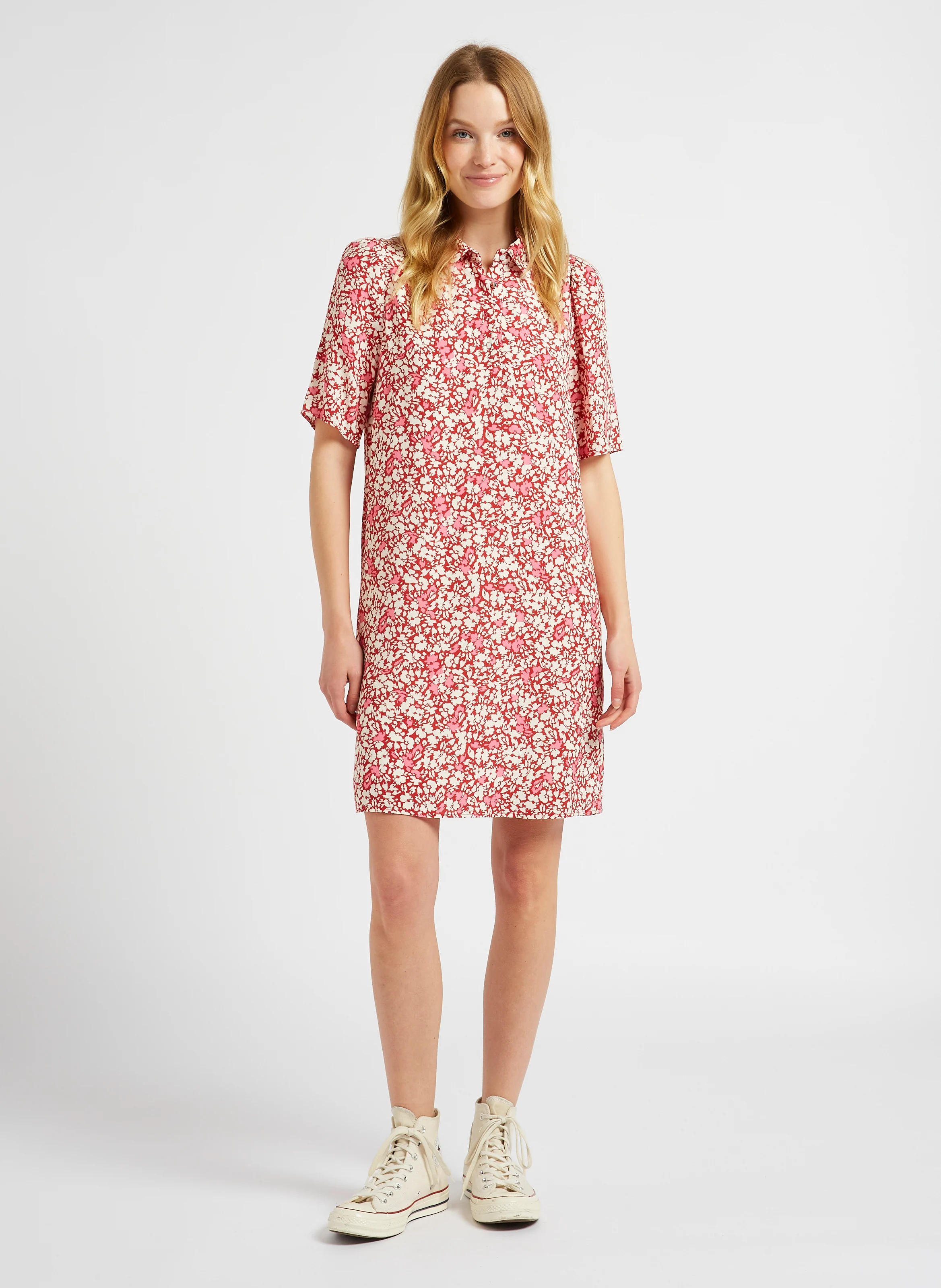 Robe courte droite col classique imprimée | Rouge