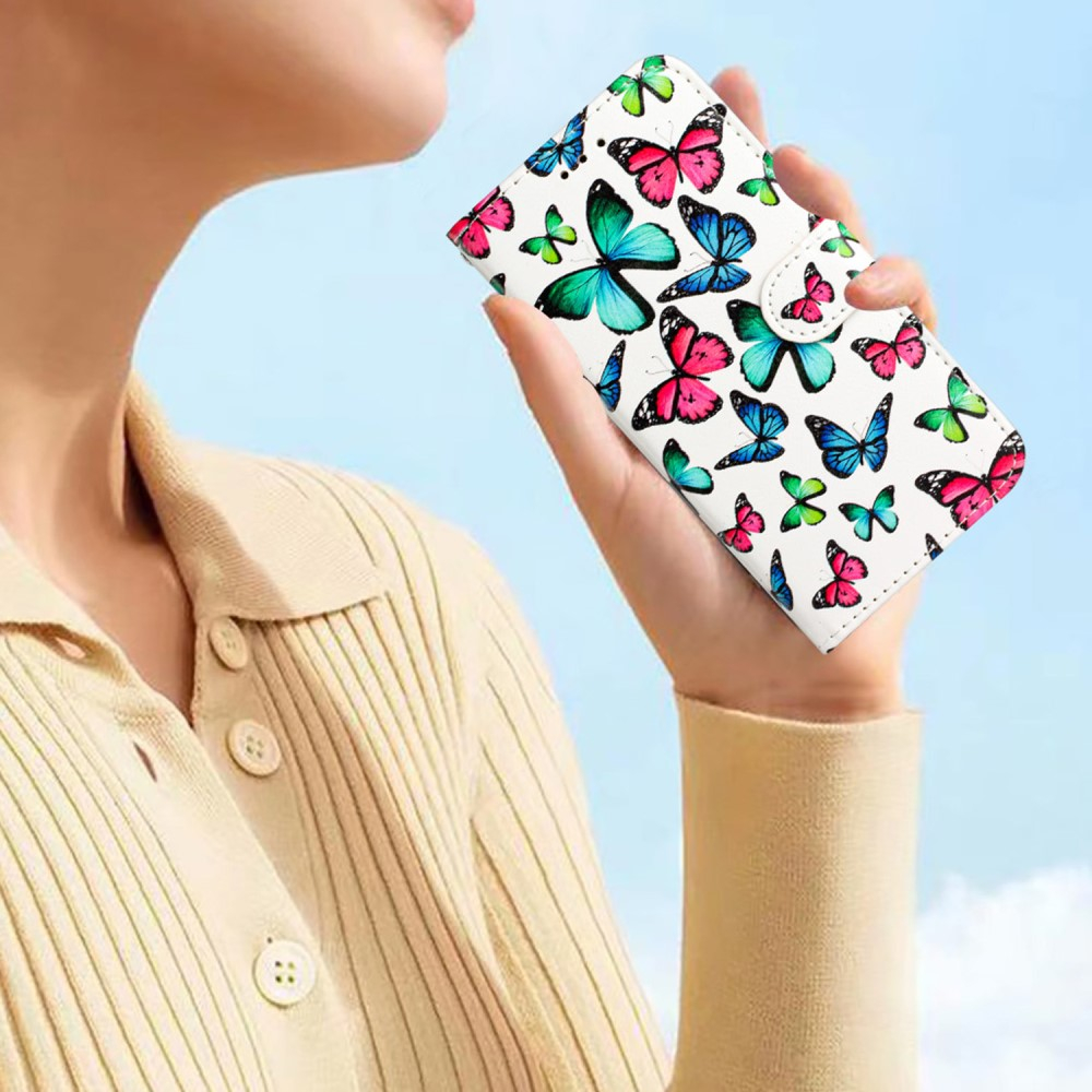 iPhone 16 Pro Max Leder Tasche Hülle mit Kartenfach Bunte Schmetterlinge