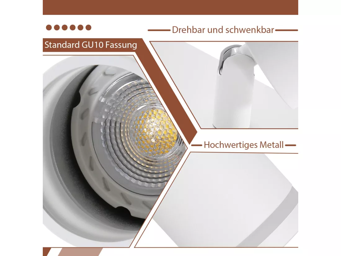 NETTLIFE Spot de plafond blanc 4 ampoules plafonnier moderne spot GU10 spots orientable intérieur métal