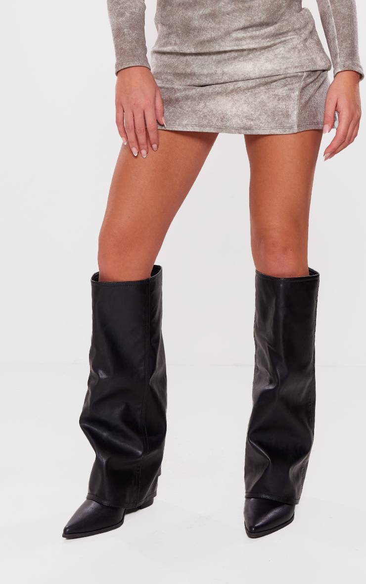Noir Bottes Western Coupe Large En Synthétiquecuir À Talon Bloc Montantes Au-dessus Du Genou Avec Revers