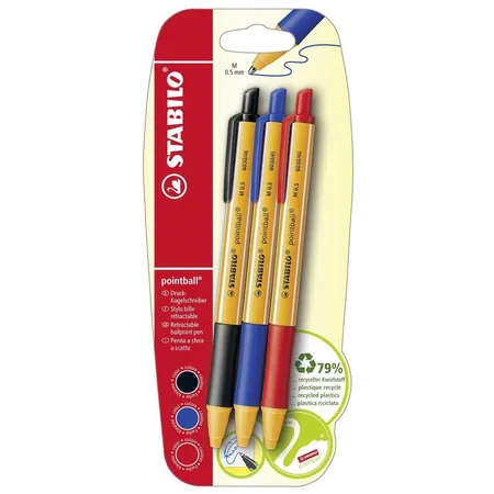 Druck-Kugelschreiber - STABILO pointball - 3er Pack - blau, schwarz, rot