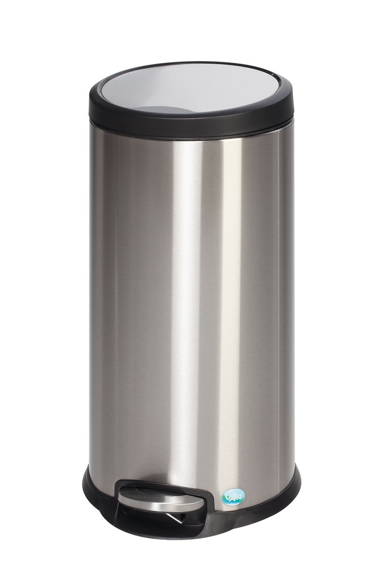 PROREGAL Robuuste afvalemmer met pedaalbediening en softclose-mechanisme, 30 liter, afmetingen (H x B x D): 63 x 31 x 37 cm, roestvrij staal, zilver