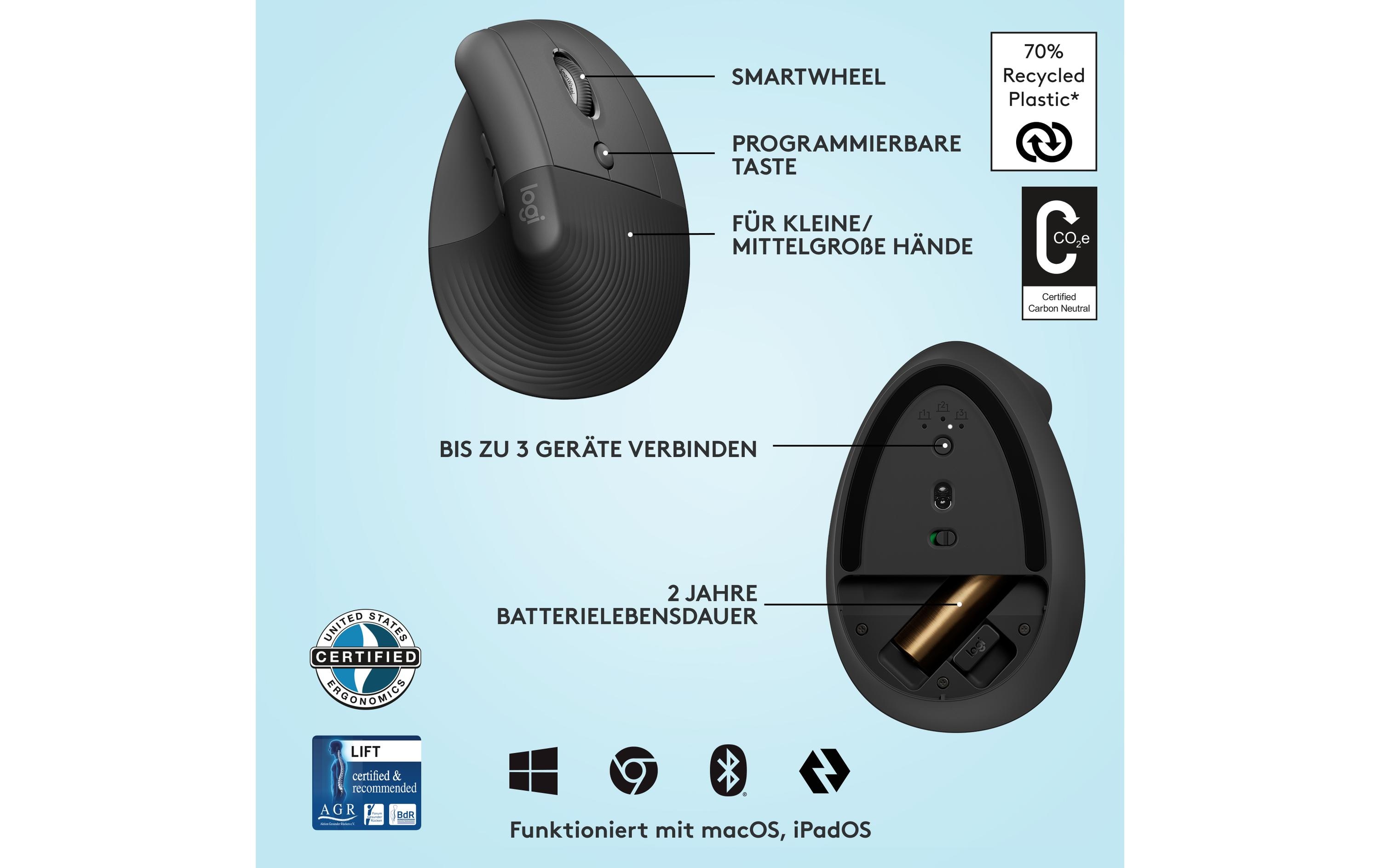 Ergonomische Maus Lift GraphiteKomfortable ergonomische Maus mit vertikalem Design für kleine bis mittelgrosse Hände
