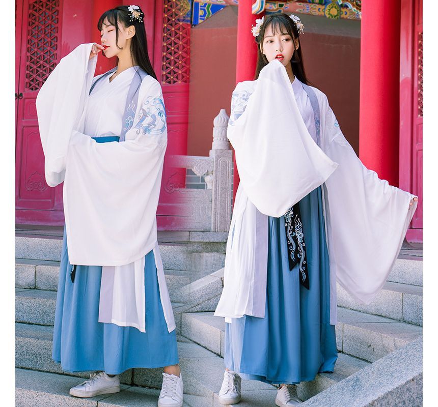 Girls Supply - Koppel bijpassende geborduurde Hanfu-jas / blouse / hoge taille maxi A-lijn rok / set