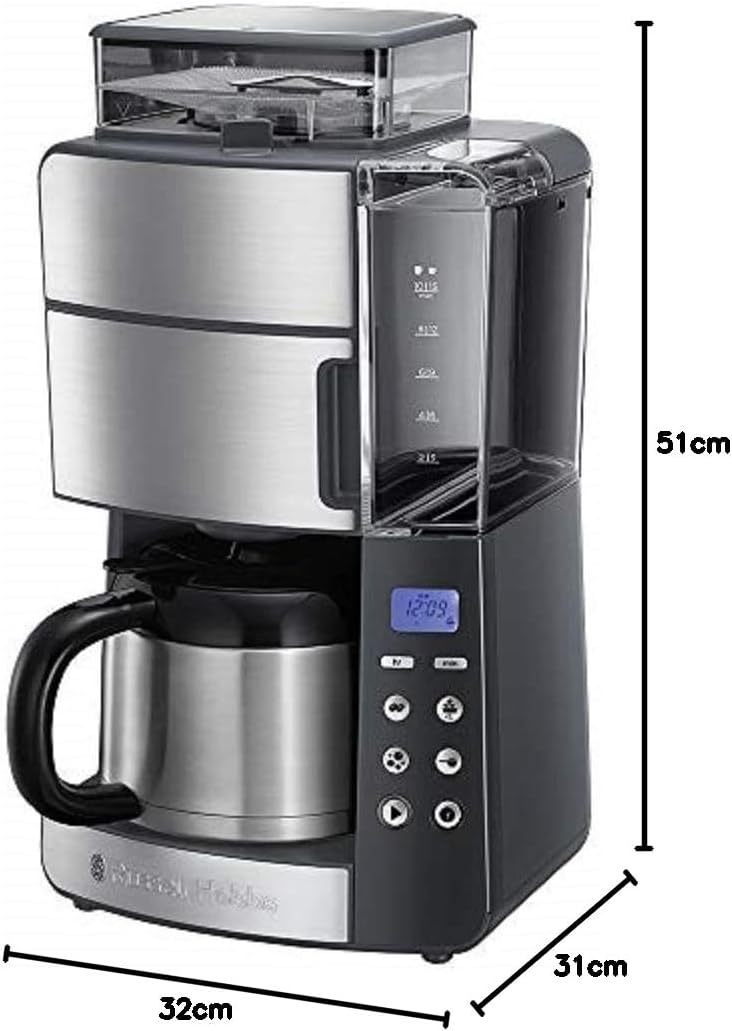 Russell Hobbs Kaffeemaschine mit Mahlwerk Thermokanne [Digitaler Timer, Brausekopf für opt. Extraktion & Aroma] Grind&Brew (max 10 Tassen, 3-stufige Mahlgradeinstellung) Filterkaffeemaschine 25620-56