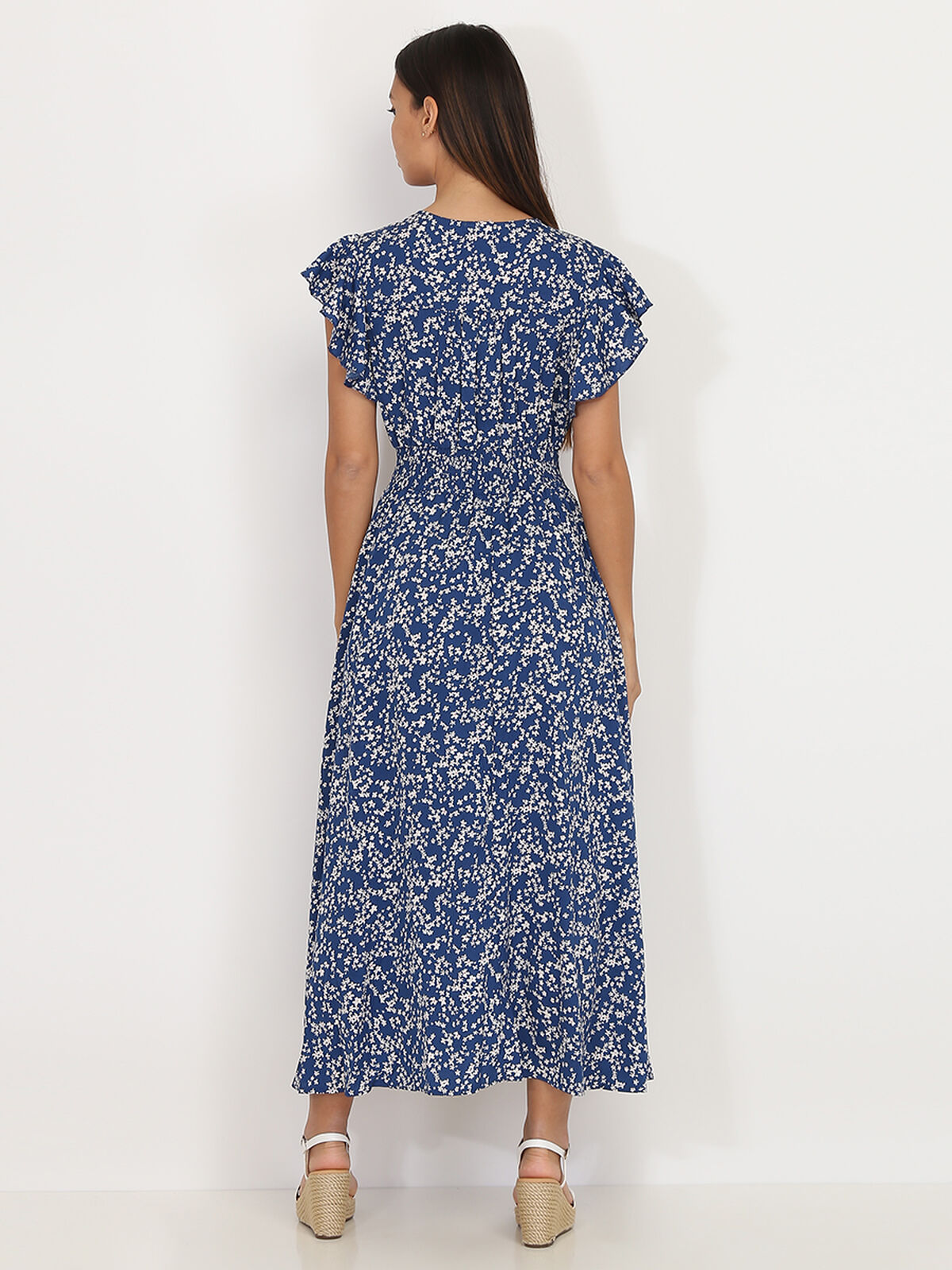 Robe évasée smockée à fleurs- Bleu