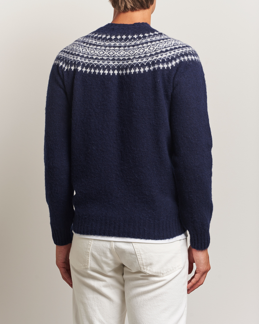 Harley Of Scotland Brushed Supersoft Lambswool Yolk Fairisle Navy