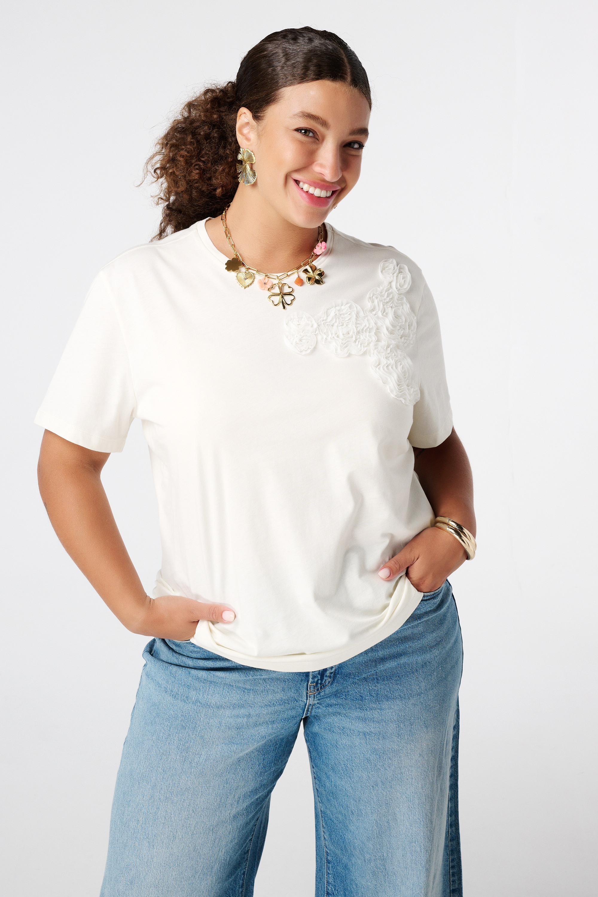 T-shirt met geborduurde opdruk Cream