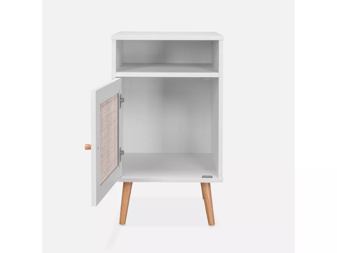 Lot de 2 tables de chevet en cannage - Bohème - 40x39x65.8cm Blanc - 2 niveaux - 1 portes - 1 espace de rangement - pieds scandinaves