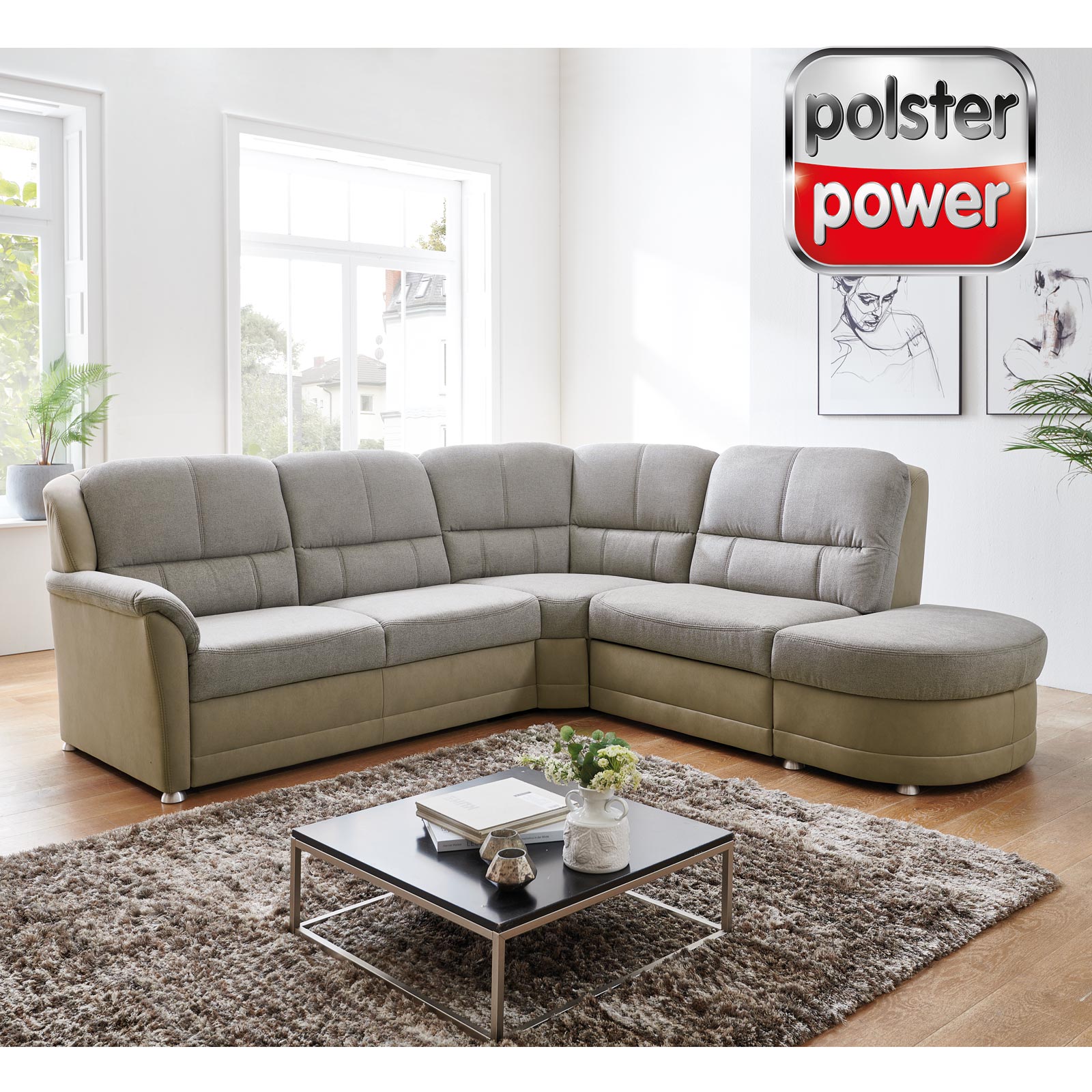 polsterpower Ecksofa - mandel-stone - Basismodell - Anstellhocker rechts