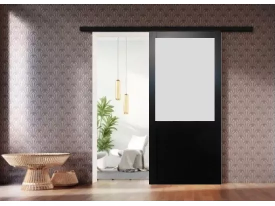 Porte Coulissant Athena Noir H204 X L83 + Rail Alu Bandeau Noir Et 2 Coquilles Gd Menuiseries