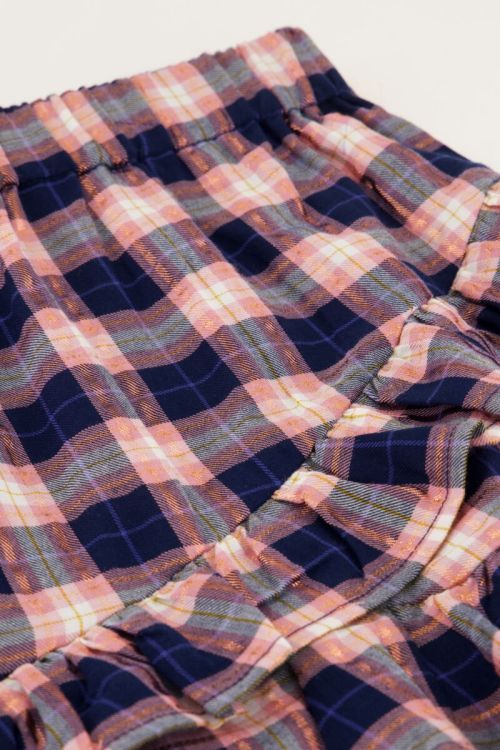 Donkerblauw rokje met roze ruitjes en lurex