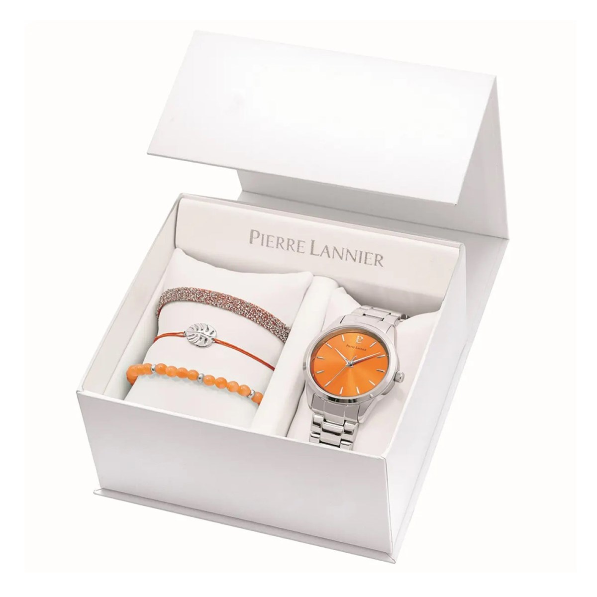 Coffret femme ROXANE Cadran orange bracelet acierPierre Lannier x Les Interchangeables Edition Limitée