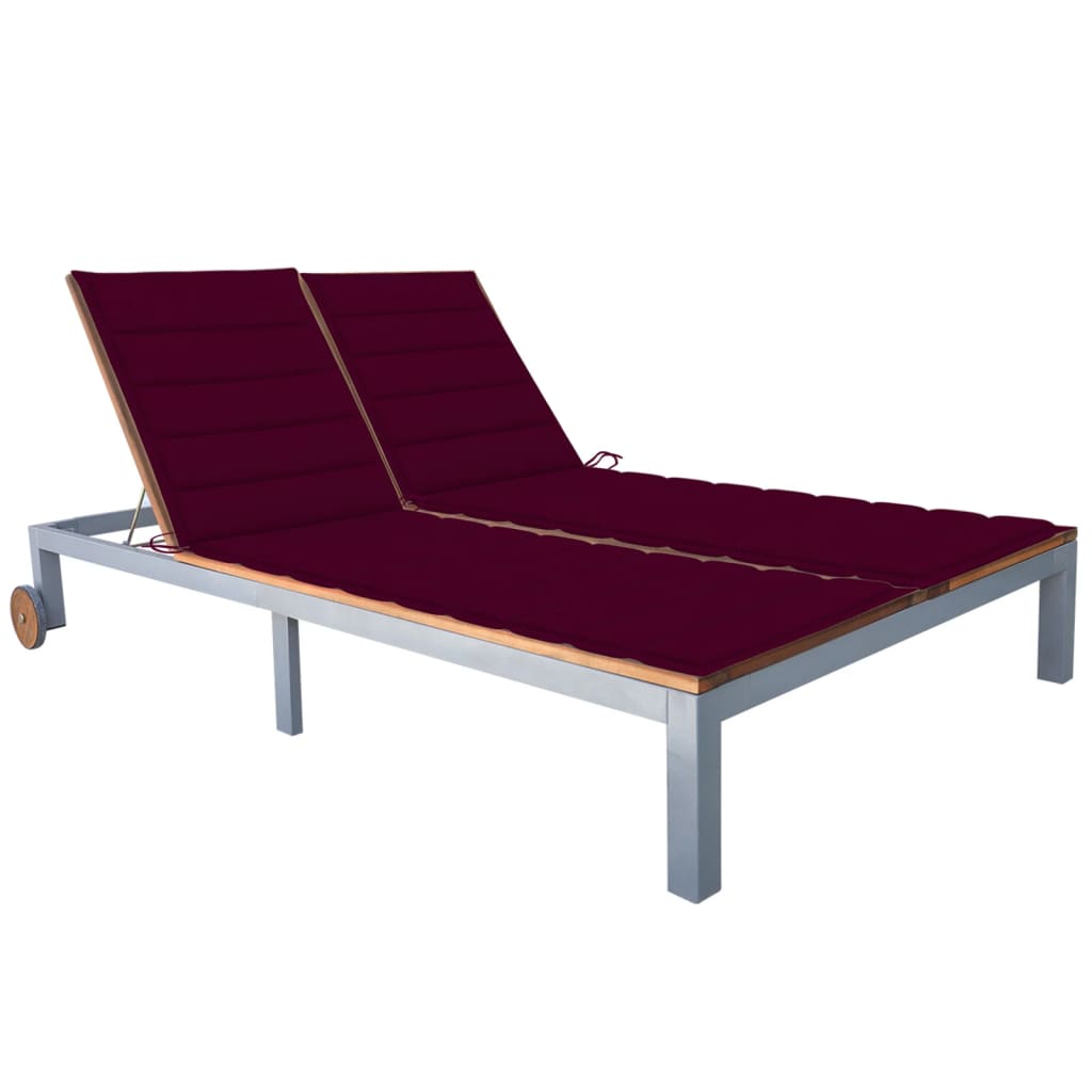 Transat chaise longue bain de soleil lit de jardin terrasse meuble d'extérieur 2 places avec coussin acacia solide et acier 0