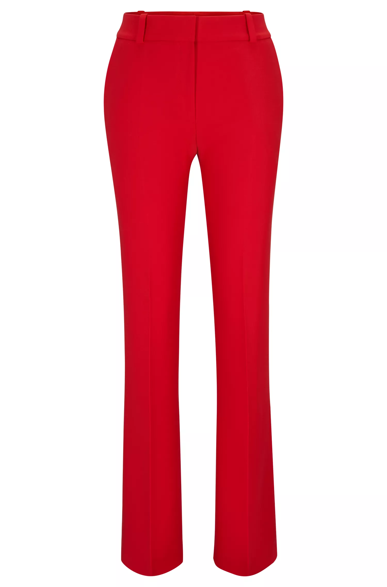 Calça HUGO vermelha, corte reto, estilo bota, em tecido elástico.