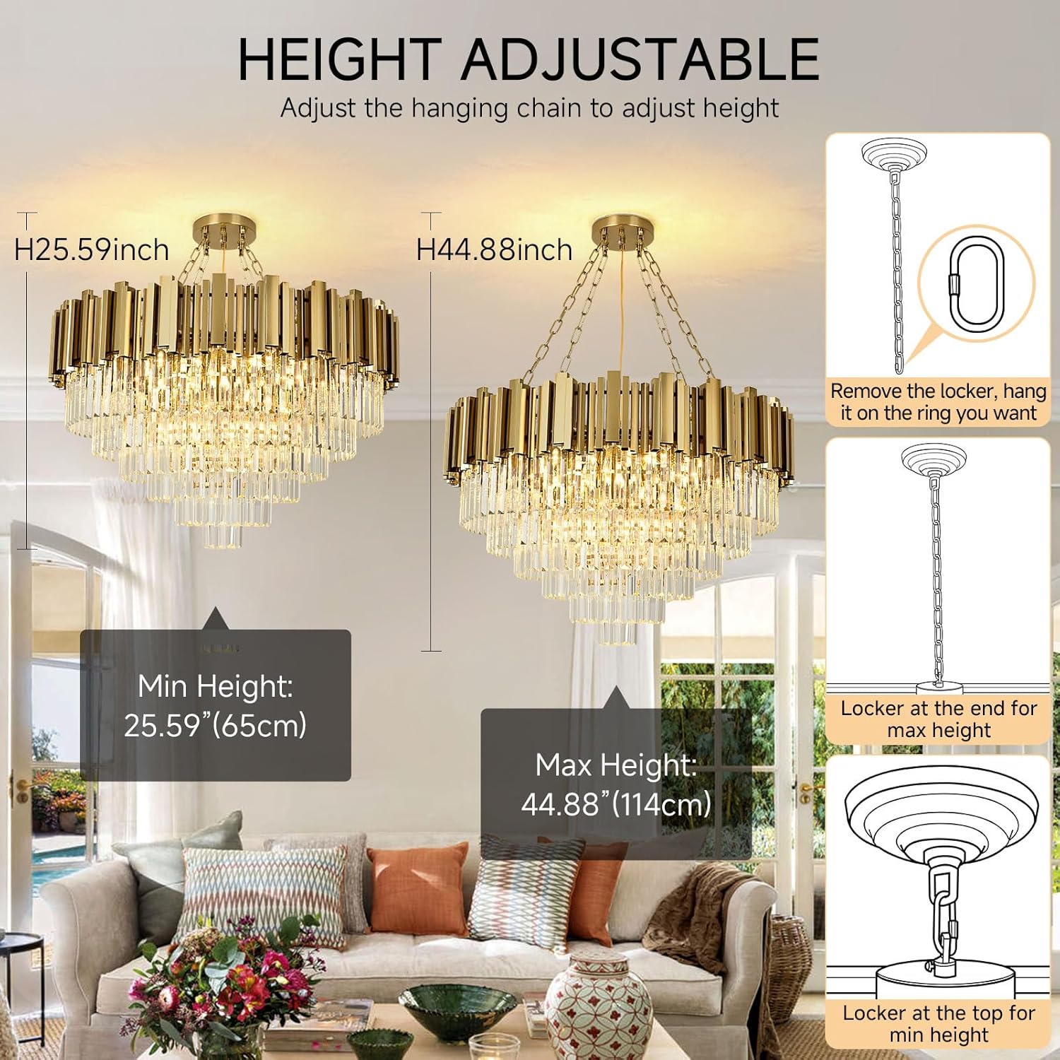 Modern Crystal Chandelier Gold Pendant Light Fixtures, Round Crystal Pendant Lighting for Living Room, Dining Room, Bedroom, Restaurant, E14 x 12, Φ80cm
