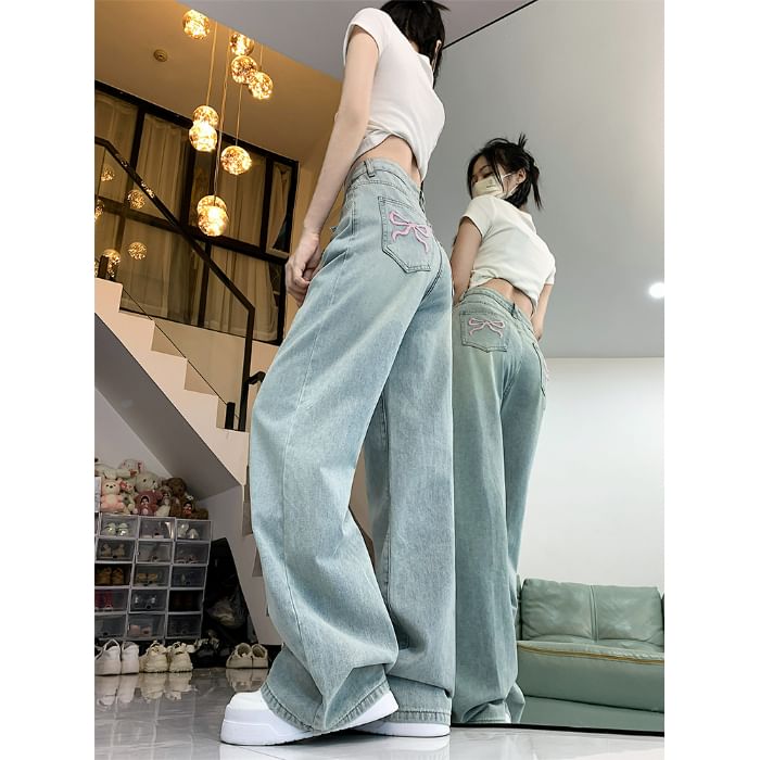 Pinatra - Mid Waist Bow Borduursel Washed Wide Leg Jeans