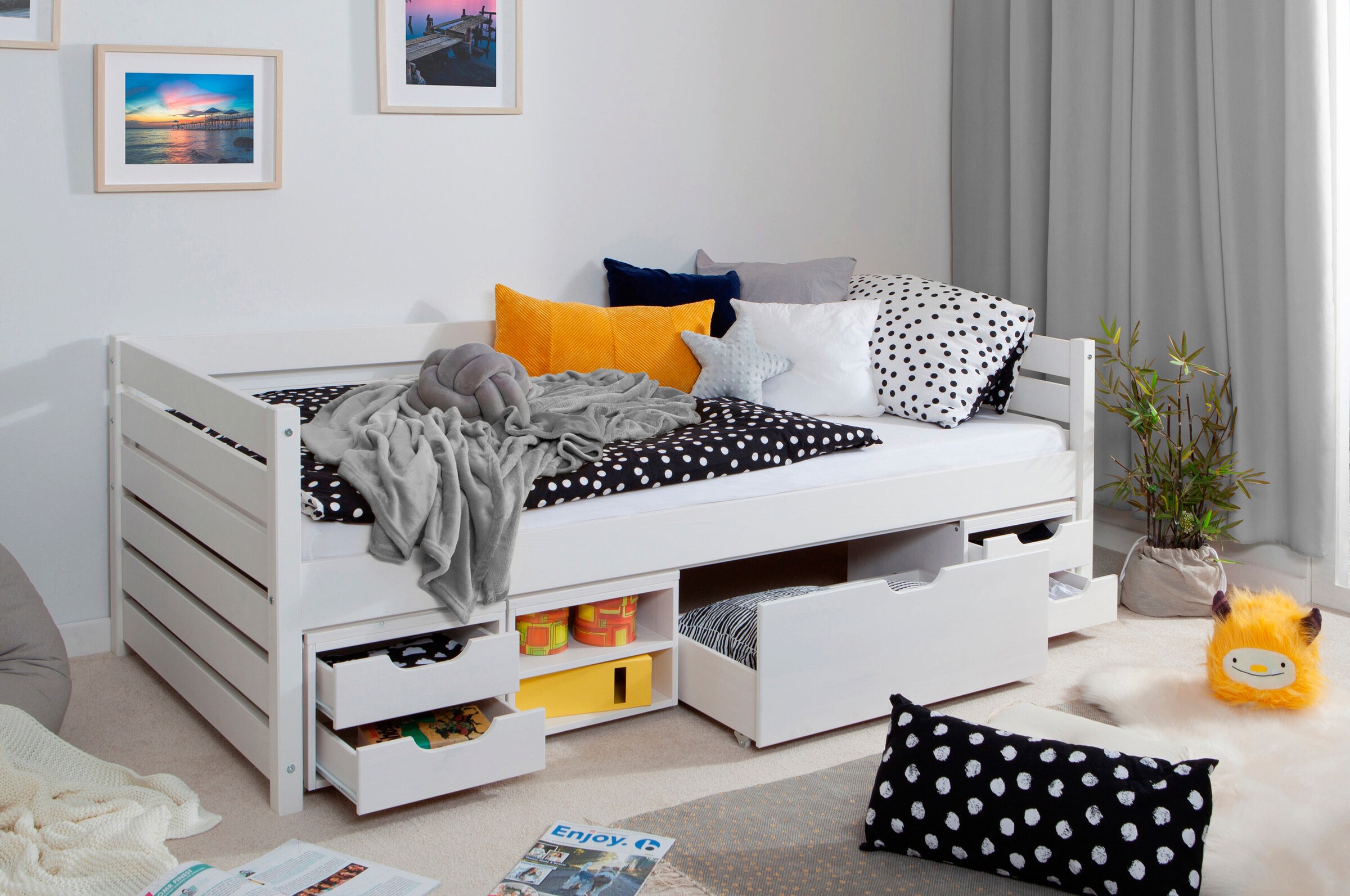 Ticaa Sofabett Naomi inkl. Funktionsschubkästen, 90x200 Weiß