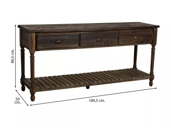 Hall en bois vieilli avec 3 tiroirs et 1 étagère 184,5x50x86,8