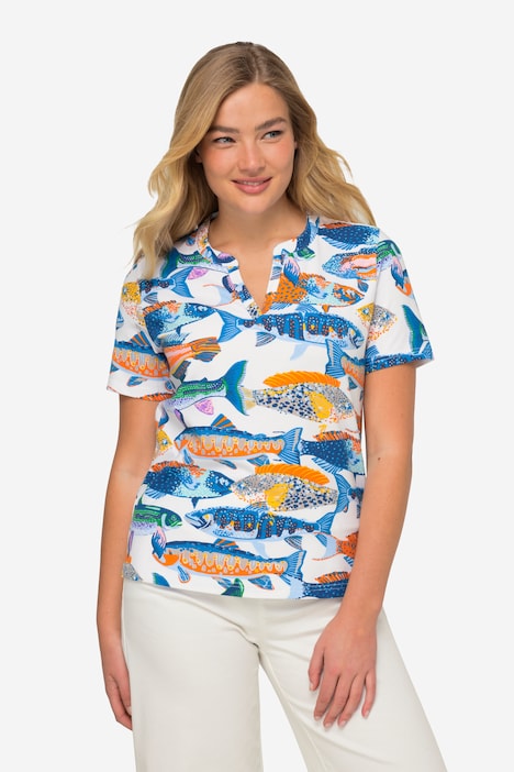 T-Shirt, Fische-Print, Tunika-Ausschnitt, Halbarm, OEKO-TEX
