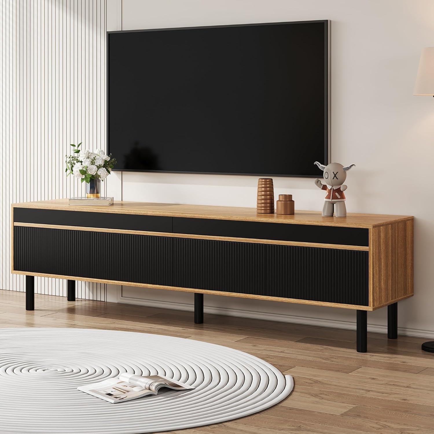 170cm TV Lowboard mit 3 Türen, Stilvolle TV Schrank, Fernsehschrank für Fernseher 65 Zoll, Fernseher Schrank für Wohnzimmer, Schwarz und Naturholz