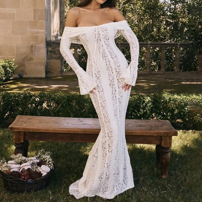 Emilyn - Lange mouw off-shoulder effen strik kanten maxi zeemeerminjurk