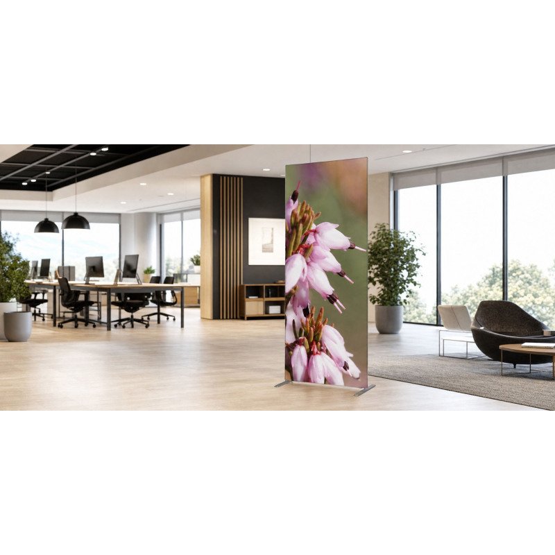 Cloison déco verticale en tissu motif bruyère rose