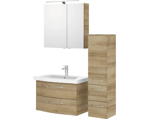 Pelipal Sunline 114 badkamermeubelset, BxHxD 112 x 200 x 46 cm, frontkleur: Riviera eiken, 4-delige badkamermeubelset met witte keramische wastafel en badmeubel, spiegelkast met LED-verlichting, wandkast