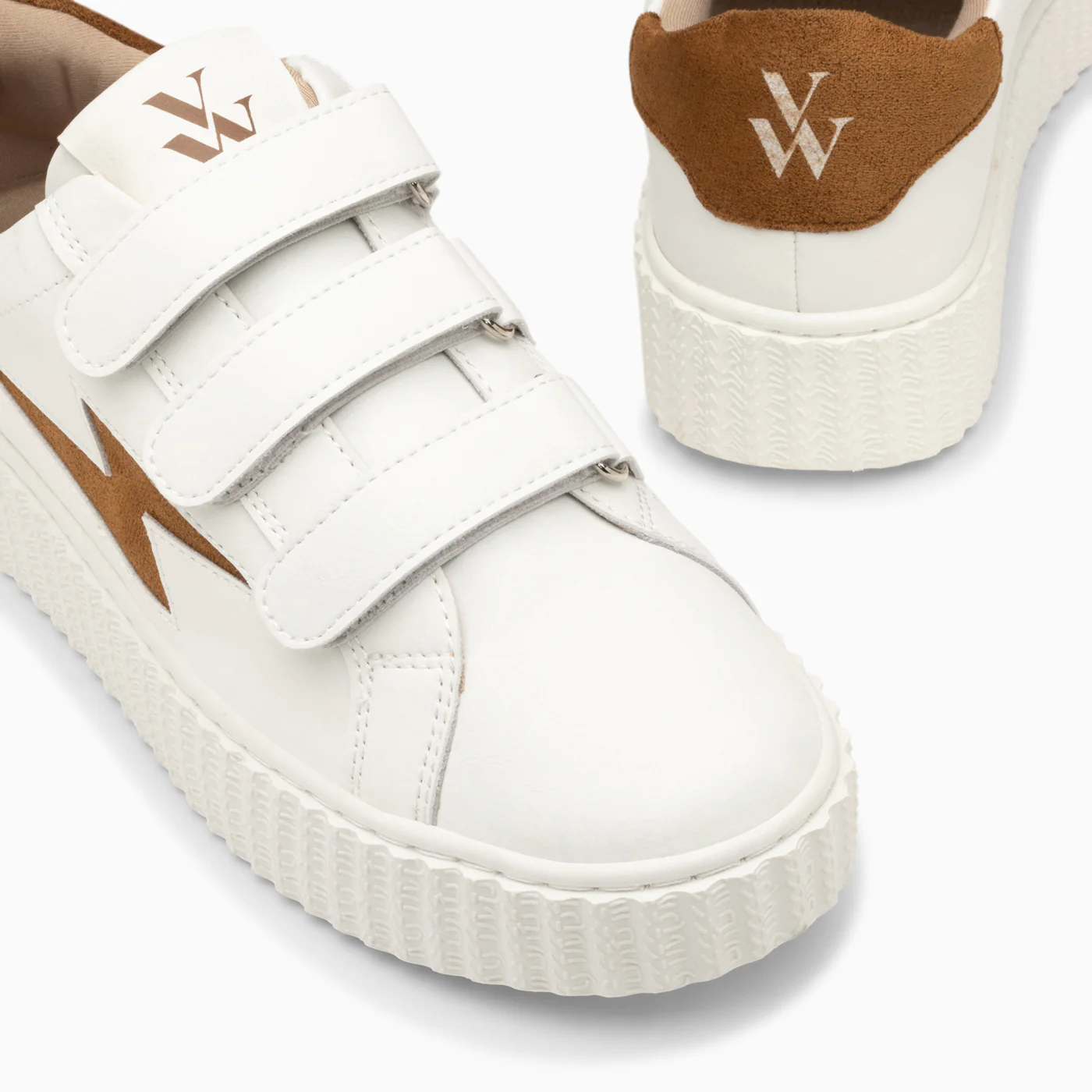 Sneakers-Baskets éclair Vicky blanc et camel à scratchs