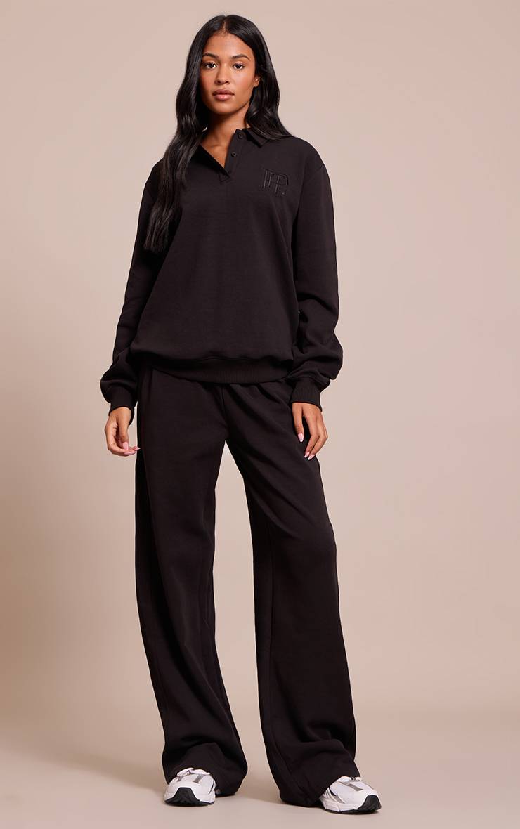 Noir Jogging Grande Taille À Jambes Larges Avec Panneaux Côtelés Et Broderies Entrelacées